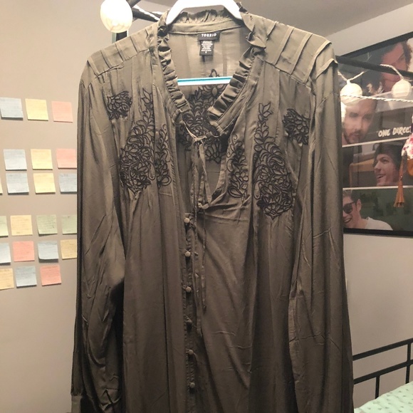 Olive Embroidered Challis Front Tie Blouse - Picture 1 of 1